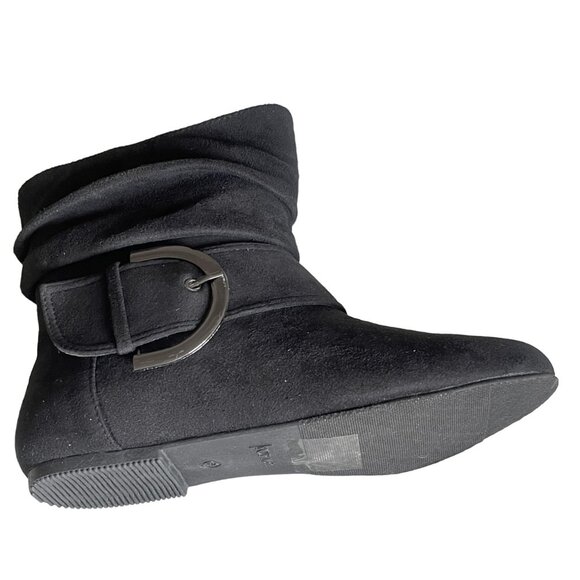 Faux Suede Slouch Ankle Boots – Flat Heel • Large Buckle Strap • Casual & Cool - Picture 6 of 7